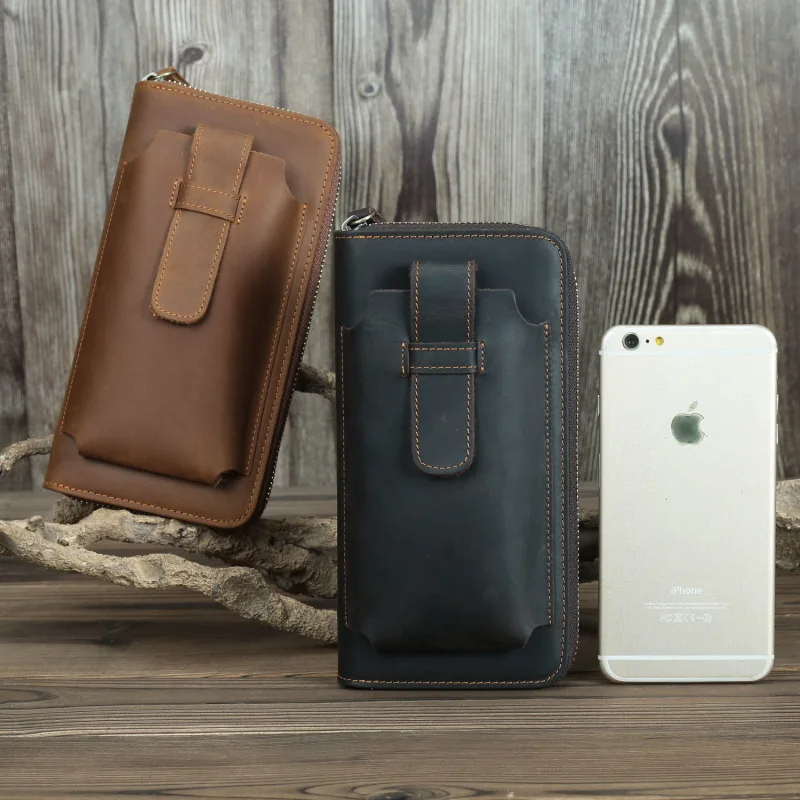 GO-LUCK Brand Crazy Horse Genuine Leather Cell Phone Pouch Case Men Zipper Daily Clutch Wallet Men's Cowhide Cardholder Purse