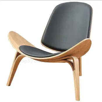 

Original Factory price Three-Legged Shell Chair Ash Plywood Black Faux Leather Living Room Furniture Modern Shell Chair