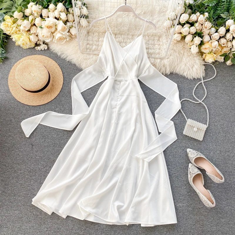 2024 New Retro Women Party Dress Slim A-line Bandage Long Robe Ladies  V-neck Sexy White Summer Dress Elegant Dress Midi - AliExpress 200000345