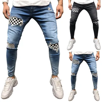 

Mens Autumn Fashion Badge Worn Patchwork Skinny Denim Jeans Slim Fit Zipper Destroyed Gothic Style Ripped Jeans Pencil Pants