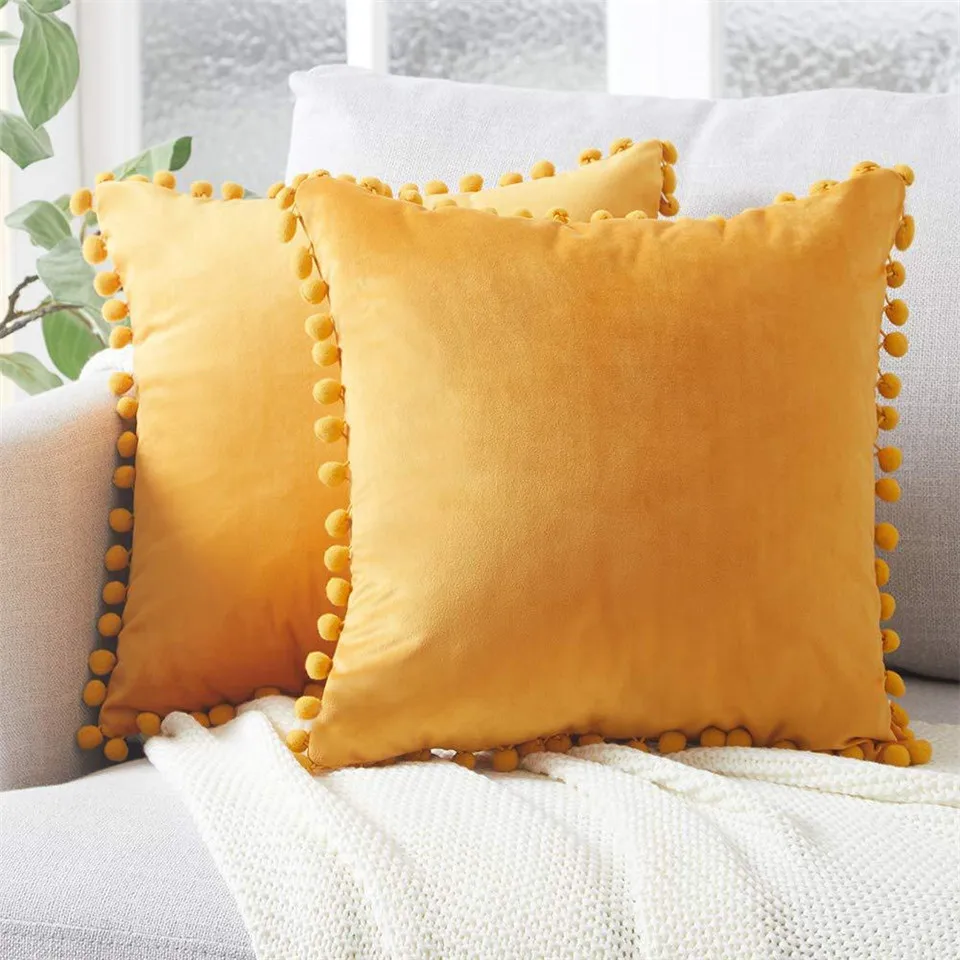 Твердые Желтые синие серые бархатные наволочки диванные подушки Чехлы с помпоном украшение дома Чехол для подушки с Северными мотивами для автокресла