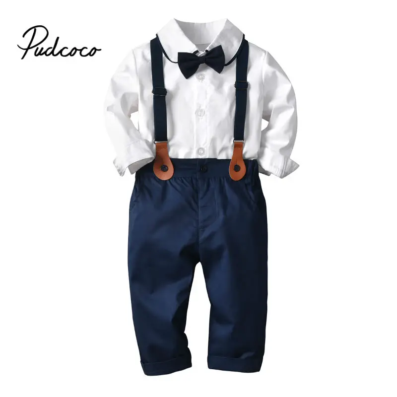  Fashion Baby Overalls Suspender Denim Kids Baby Boys Formal White Bow Shirts + Long Jeans Pants Tro