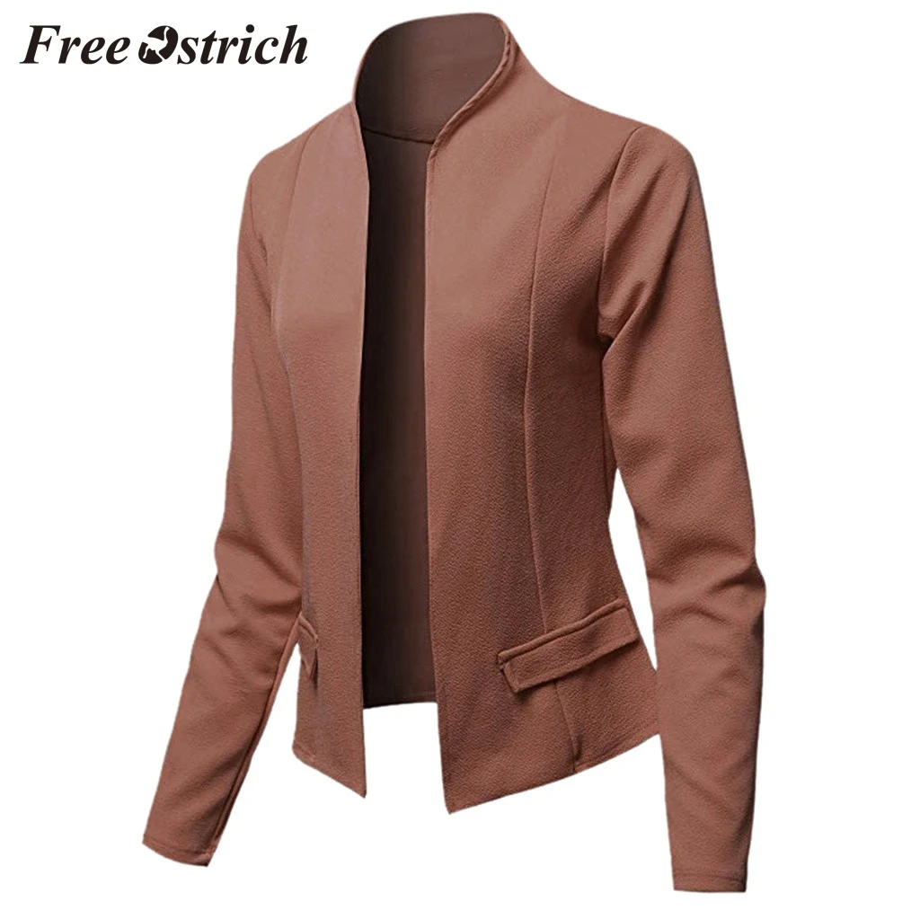 

FREE OSTRICH Women's suit jacket long-sleeved office casual cardigan without button solid color simple jacket with fake pocket