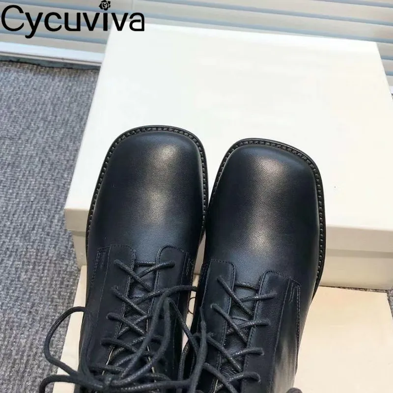 Women Boots Classic Square Toe Ankle Boots Genuine Leather Chunky Wedge Heel Motorcycle Boots Runway Party Winter Shoes Woman