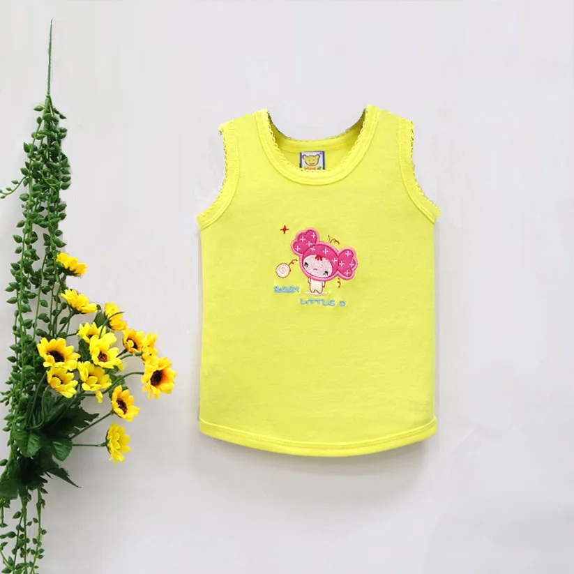 Детские хлопчатобумажные рубашки без рукавов с круглым воротником для мальчиков и девочек; летняя блузка г.; маленький Q; стиль; Детские костюмы с вышивкой - Цвет: Цвет: желтый