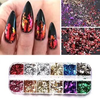 

12 Grid Nail Sequins Paillette Aluminum Irregular Flakes Art Gold Mirror Decoration Silver Nail Glitter Foil Pigment Paper G5C3