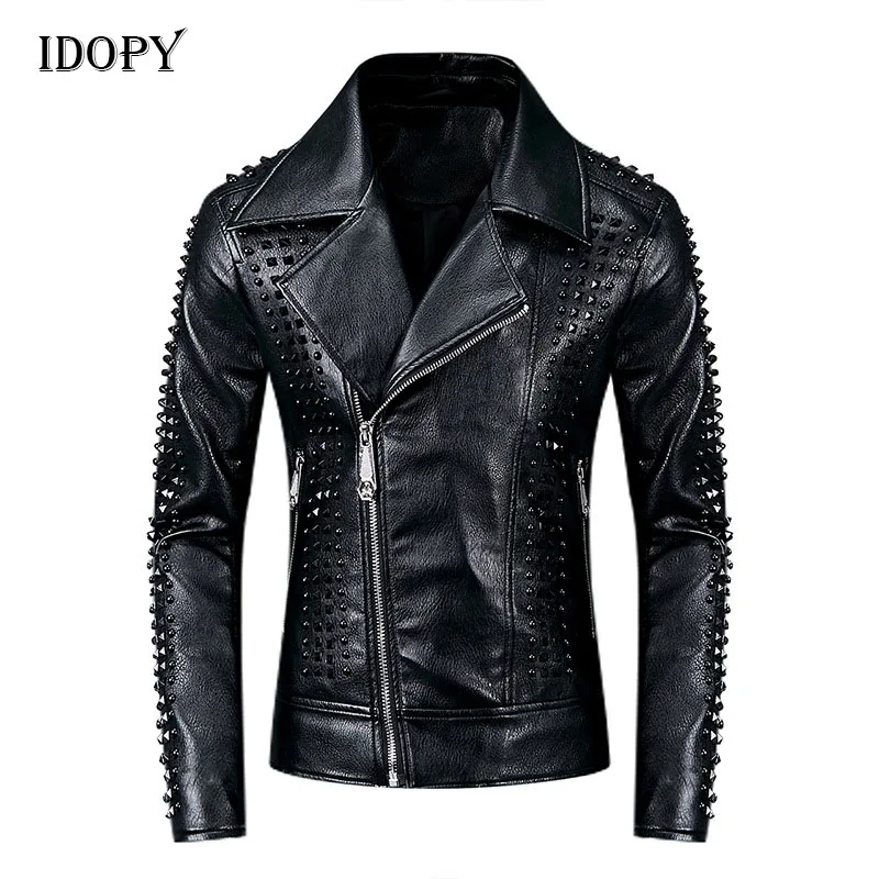 Idopy mannen Punk Leren Jassen Zwart Klinknagels Motorfiets Lederen Jassen Studded Gothic Slim fit Biker Leren Jas voor Man Idopy mannen Punk Leren Jassen Zwart Klinknagels Motorfiets Lederen Jassen Studded Gothic Slim fit Biker Leren Jas voor Man
