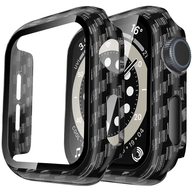 Watch Cover+Tempered Glass for Apple Watch Case 45mm 41mm 44mm 40mm 42mm 38mm,Bumper+Screen Protector for Iwatch 7 SE 6 5 4 3 2 Carbon Black