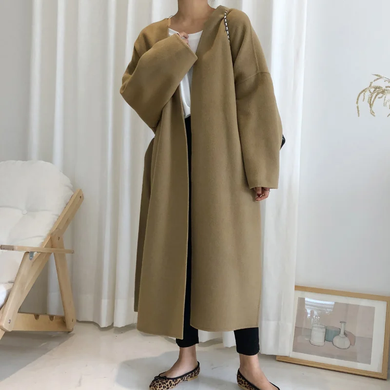 Новинка 2019 корейское Женское шерстяное длинное пальто свободный стиль длина по