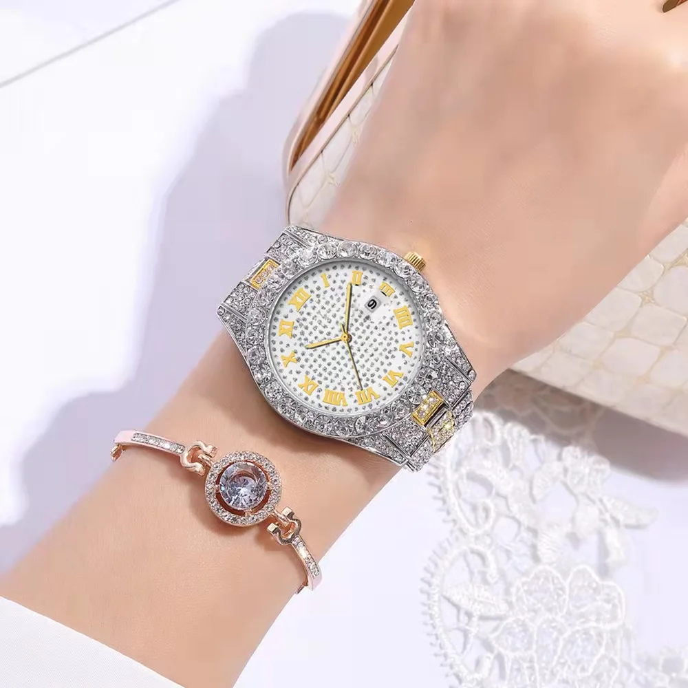 Simple Watch for Women Luxury Fashion Full Iced Out Watch Men Gold Rhinestone Quartz Wristwatch Relogio Masculino Couple Watches
