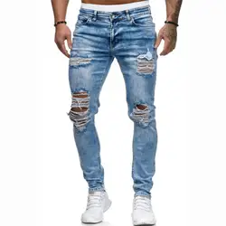 KIMSERE мужские уличные рваные джинсы эластичные рваные джинсовые штаны с дырками Hi Street рваные джинсовые брюки вымытые синие S-XXXL