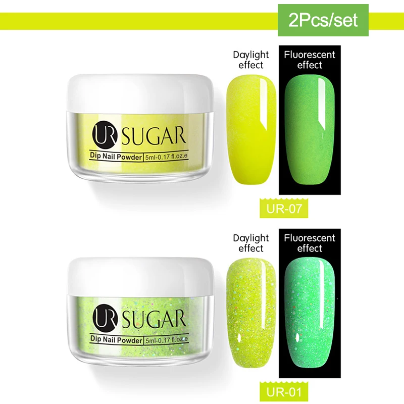 2Pcs set 2 UR сахар неоновые, флюоресцентные погружения для ногтей, порошковый набор голографическая Dip ногтей Блеск порошок пигмент, нейл-арта украшения натуральный сухой - Цвет: 2Pcs set 2