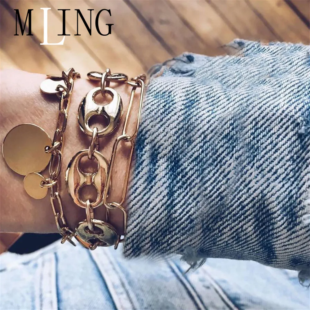 MLING 3 Pcs/Set Newest Gold Water Wave Chain Bracelet Vintage Circle Sequin Bracelet Set For Women
