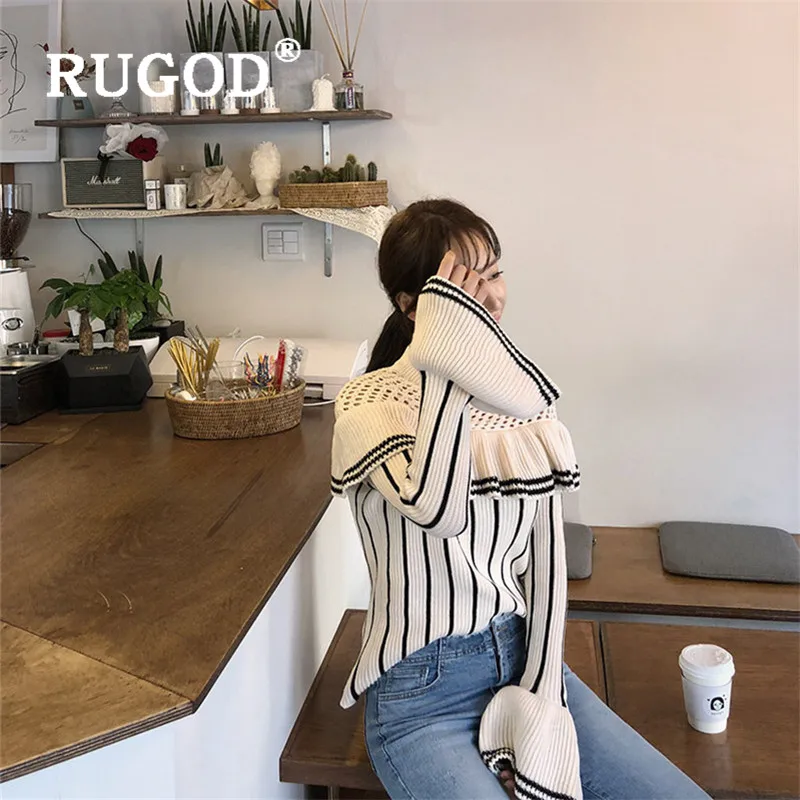 RUGOD Новое поступление корейский женский свитер-пуловер Водолазка Выдалбливают оборки расклешенные рукава в полоску Тонкий вязаный пуловер Мода