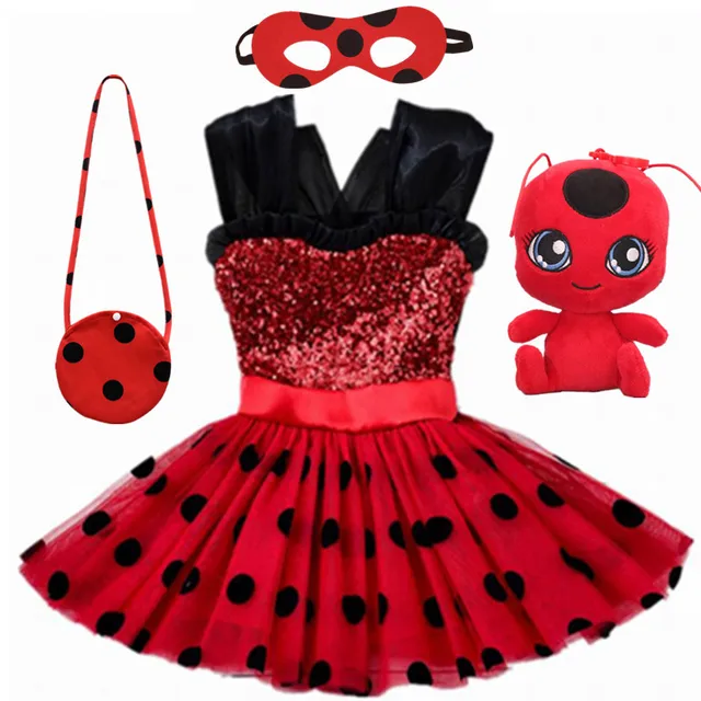 Carnival 2020 Red bug cosplay Girls Dress Summer Clothes Redbug Party Dress Children's day Lace Dot Baby Girls Dresses 4pcs-Set-Toy1