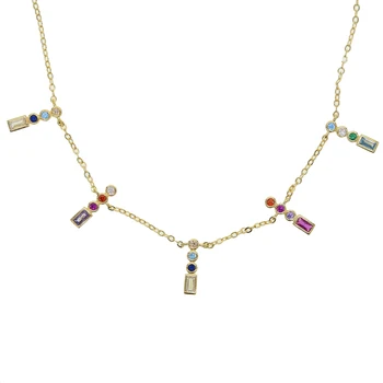 

5pc tiny bar paved colorful cubic zirconia Baguette gold chain necklace for Women rainbow trendy geometric delicate cz necklaces