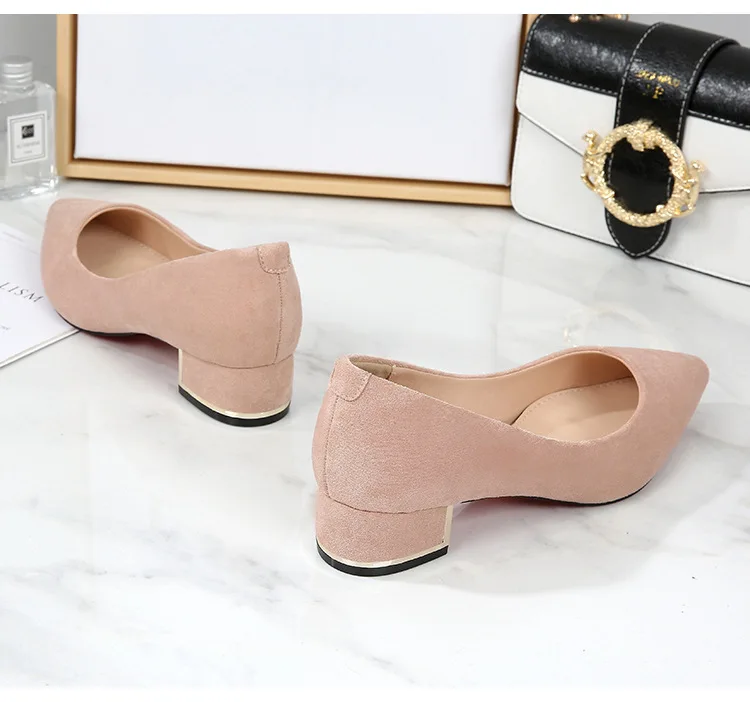 Big Size 34-43 Women Suede Leather Shoes 3.5CM High Heels Ladies Dress Work Shoes Slip On Pumps Woman Square Heels Wedding Shoes