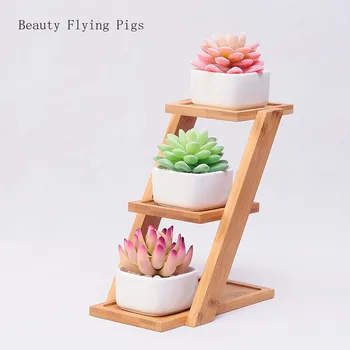 

4Pcs Direct selling new style rural style creative home succulents small pots with multi-layer bamboo frame decoration ornaments