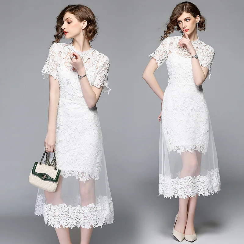

3285-Photo Shoot Europe And America New Style White Dress Soluble Flowers Lace Joint Mesh Dress