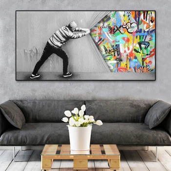 

Graffiti Behind The Curtain Abstract Street Art Canvas Painting Poster Print Cuadros Banksy Pop Wall Art Picture for Living Room