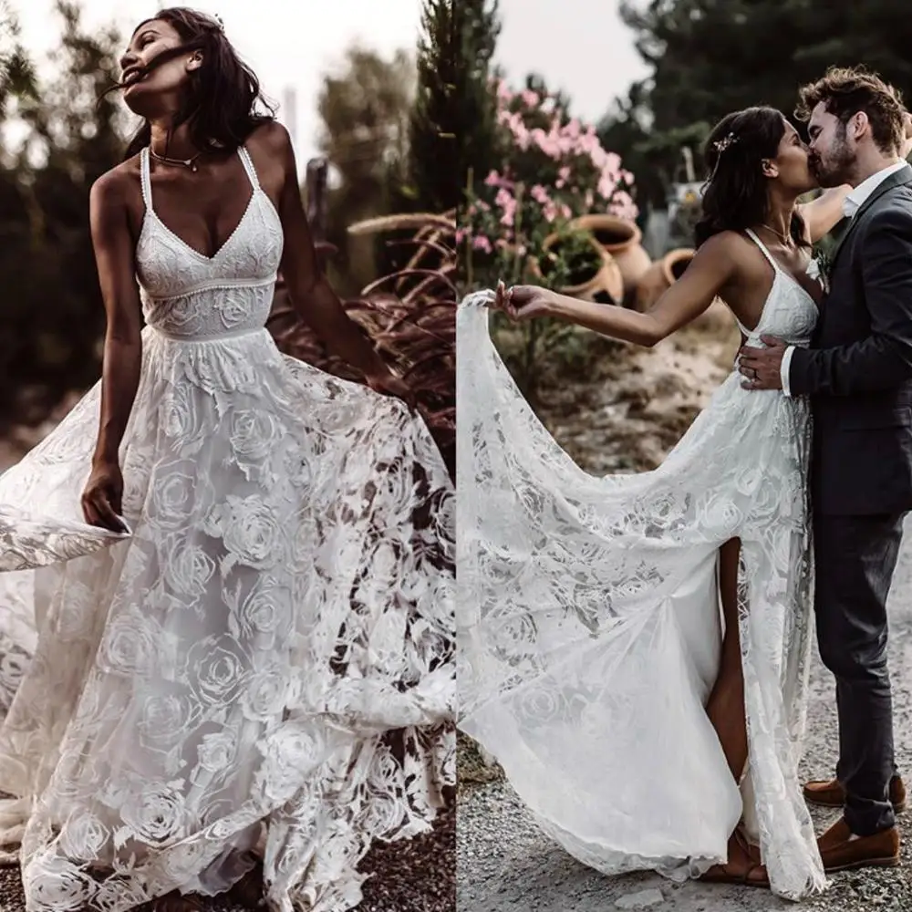 

Bohemian 2020 Latest Split Wedding Dresses V Neck Lace Appliqued Bridal Gowns Country Boho Style Beach Wedding Dress