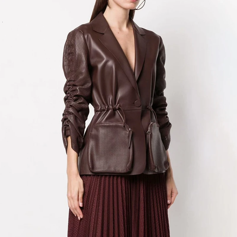 TWOTWINSTYLE Женское пальто из искусственной кожи, с рюшами, с пышными рукавами, с фигурным карманом, на завязках, с высокой талией, Женское пальто, осень, модная новинка