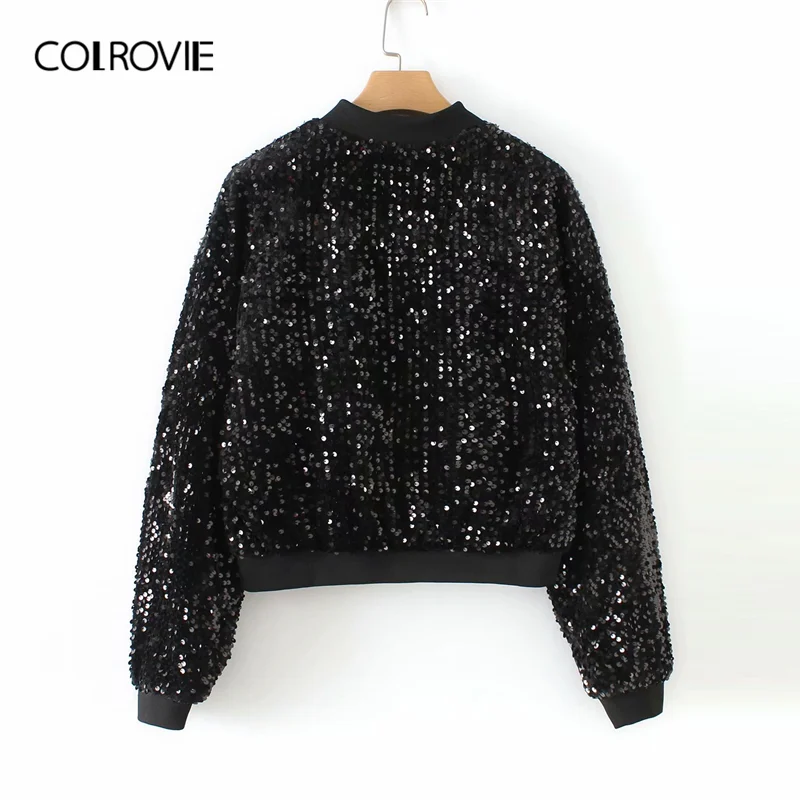 COLROVIE/черная куртка на молнии с блестками, Женская Осенняя уличная куртка года, Женская куртка со стоячим воротником, повседневная верхняя одежда