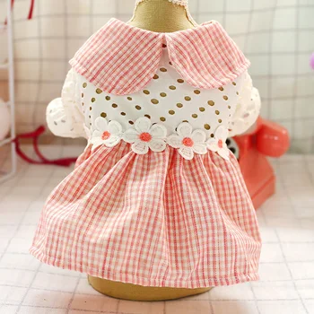 

Summer Dog Dresses Hollow Pink Plaid Design Skirt Pink Color Dog Costume with Lace Design Clothes for Small and Medium Clothes