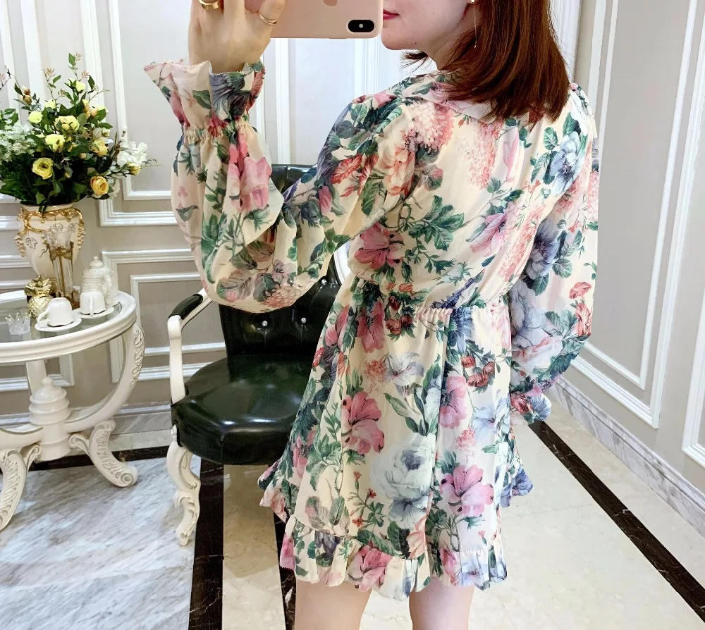 Women's New Summer Linen+ Silk Printing V-neck Long Sleeve Lacing Ruffle Fashion Playsuits