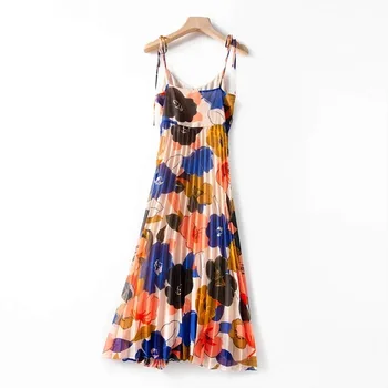 

Women's Long Sling Dress Floral Or Dot Print Pleated Sleeveless 100% Polyester Spaghetti Strap Midi Dresses 3 Colors