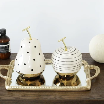 

White Gold Combined Striped Texture Apple Pear Geometric Ceramic Statue Home Crafts Room Decor Fruit Sculpture Desktop Gift