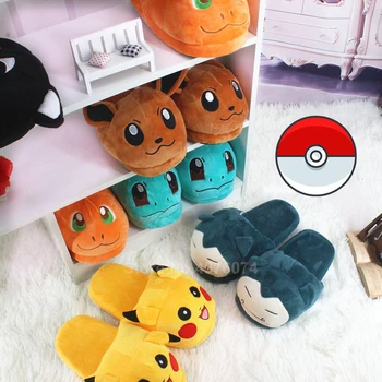 

Man Women Anime Cartoon Pokemon Pikachu Snorlax Charmander Squirtle Winter Slippers Keep Warm Plush Slip on Cosplay Shoes