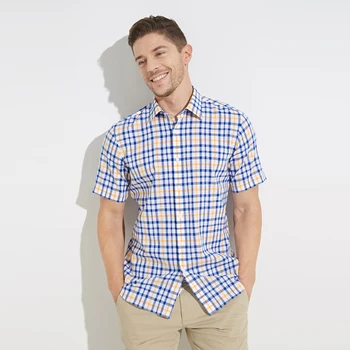 

Flax Shirt Male Short Sleeve Grid Shirt 2020 Leisure Shirt Thin Cotton And Linen Fang Collar Inch Shirt Middle Age