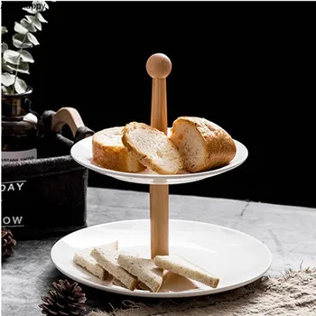 

Ceramics Three-layer Multi-layer Snack Tray Candy Cake Stand Refreshments Household with Wooden Stand Dessert Display Stand