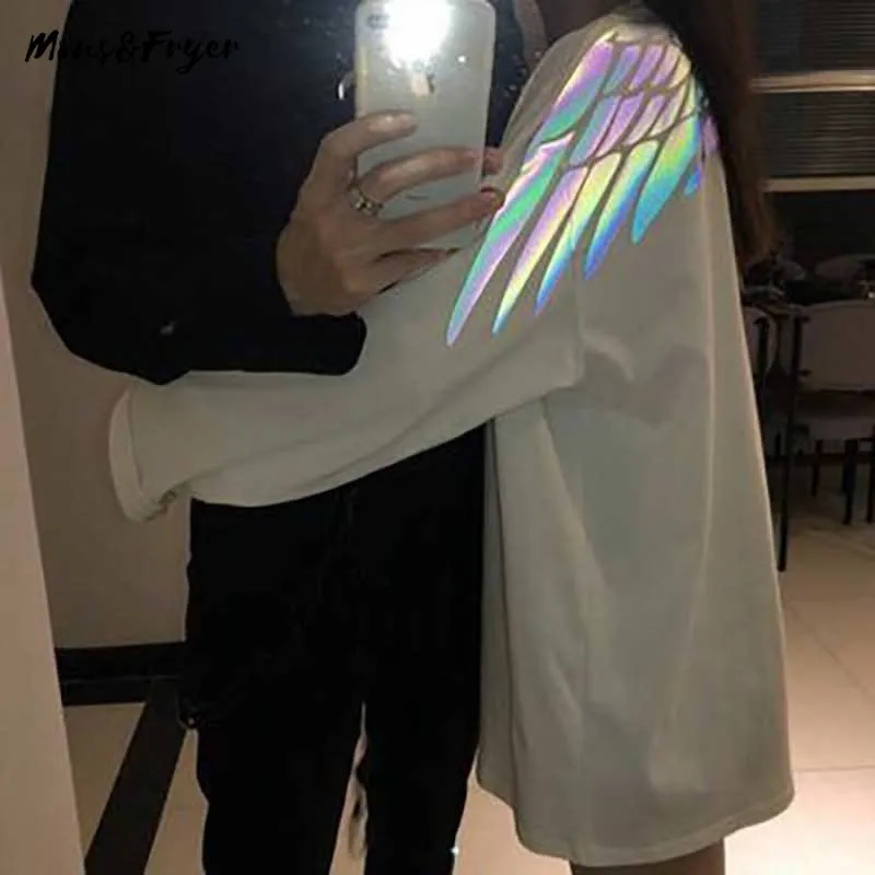 2020 INS Hot Grilfriend Oversize Short/Long sleeves Couple Clothes Reflective Wing Print Harajuku T Shirt Men Women Fashion | Женская