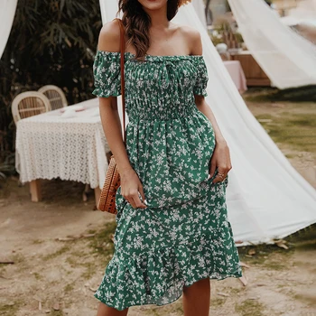 

Puimentiua Hot Sell 2020 Summer Sexy Dress Women Casual Off Shoulder Floral Printed Vestidos Ladies Short Sleeve Beach Dresses