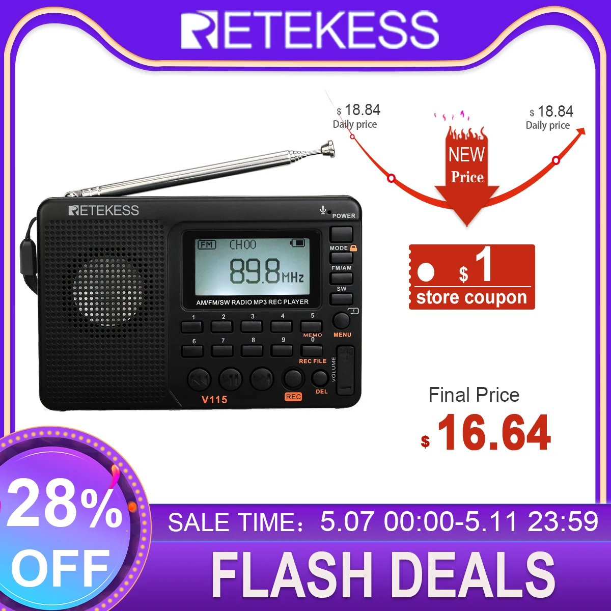 RETEKESS V115 Radio AM FM SW Pocket Radio Shortwave FM Speaker Support TF Card USB REC Recorder Sleep Time