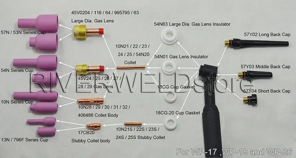 Газовая линза с длинным алюминиевым соплом TIG 54N18L #4 (D6.5*76 мм) расходные материалы