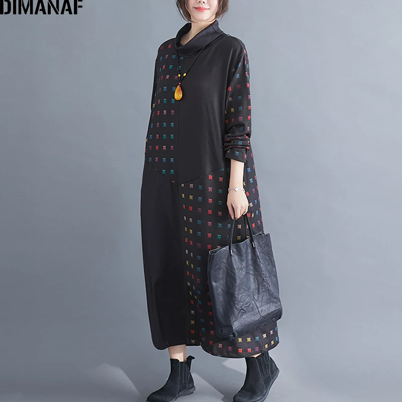 DIMANAF размера плюс зимнее винтажное женское платье с высоким воротом свободное женское дамское платье Элегантное Черное Платье макси с длинным рукавом - Цвет: Yi98935CN