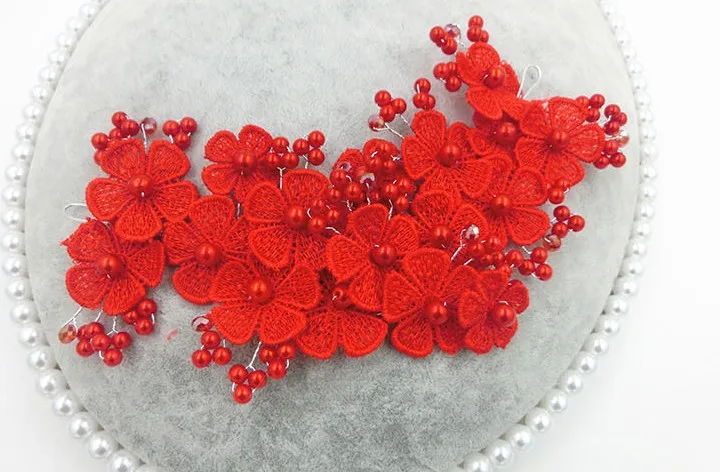 1PCSC Handmade Lace Red Wedding Flower Pearl Short Hair Bridal Tiara Wedding Dress Hair Accessories