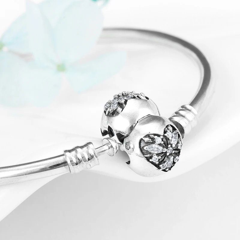 New Women Bracelet silver 925 original Heart-shaped CZ snowflake Bead Women friendship Bracelet Bangles Fine Jewelry Accessories