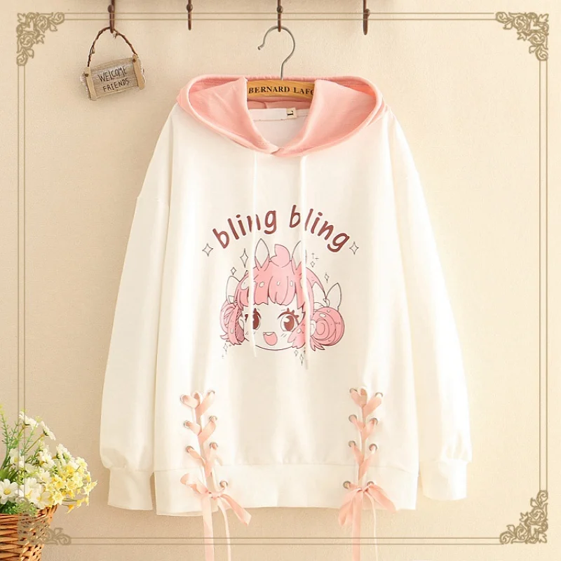 

Kpop Kawaii Women Hooded Sweatshirt Long Sleeve Lovely Pink Lolita Cute Girls Lace Up Cross Hoodies Female Pullovers 2019 Spring