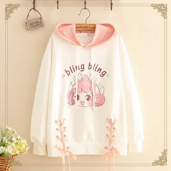 

Kpop Kawaii Women Hooded Sweatshirt Long Sleeve Lovely Pink Lolita Cute Girls Lace Up Cross Hoodies Female Pullovers 2019 Spring