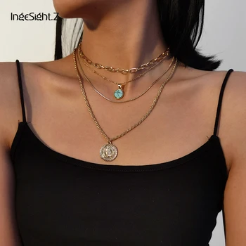 

IngeSight.Z 4Pcs/Set Multi Layered Vintage Carved Coin Human Head Pendant Necklace for Women Gold Color Choker Necklaces Jewelry