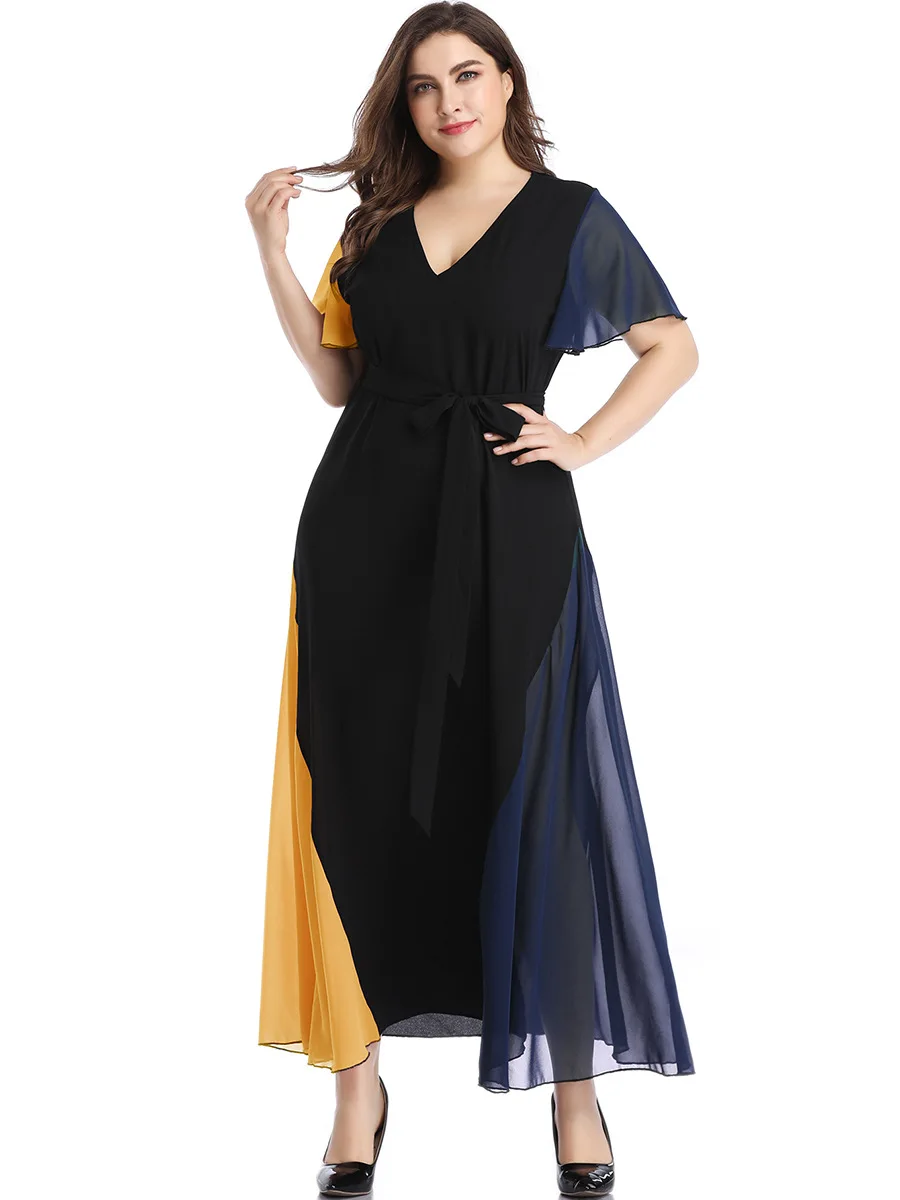 Новые летние платья размера плюс для женщин, элегантное свободное Повседневное платье с коротким рукавом и большим v-образным вырезом на поясе, вечернее платье 3XL 4XL 5XL 6XL 7XL