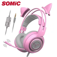 SOMIC Cat Ear Headset Kids PS4 Gaming Headphones Pink Blue PC Stereo Headset with Microphone for Xbox One Phone Laptop Tablet