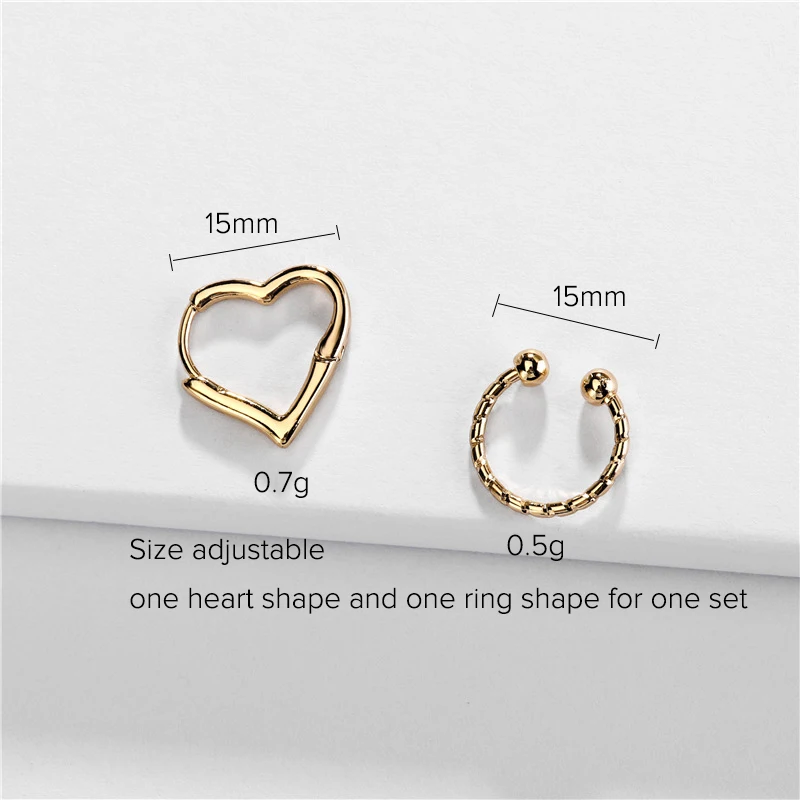 2 pcs set 2 шт набор ушных манжет в форме сердца, регулируемые женские металлические клипсы для ушей в форме C, клипсы для сережек - Окраска металла: 2 pcs set