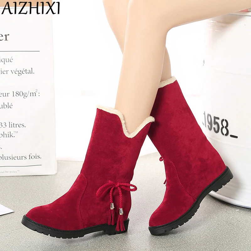 AIZHIXI/сапоги с бахромой и бантиком увеличивающие рост женская замшевая теплая
