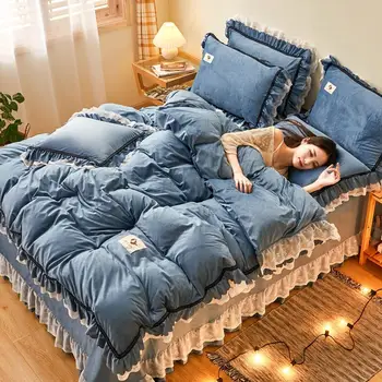 

Winter Bedding Set Luxury Lace Decor Warm Soft Crystal Velvet Duvet/Quilt Cover flannel Bed linen Pillowcase King Home Textile
