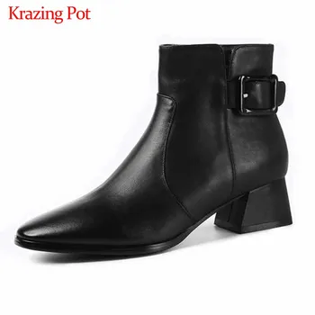 

Krazing Pot Korean style elegant solid buckle cow leather boots high heels winter keep warm women fashion zip ankle boots L97